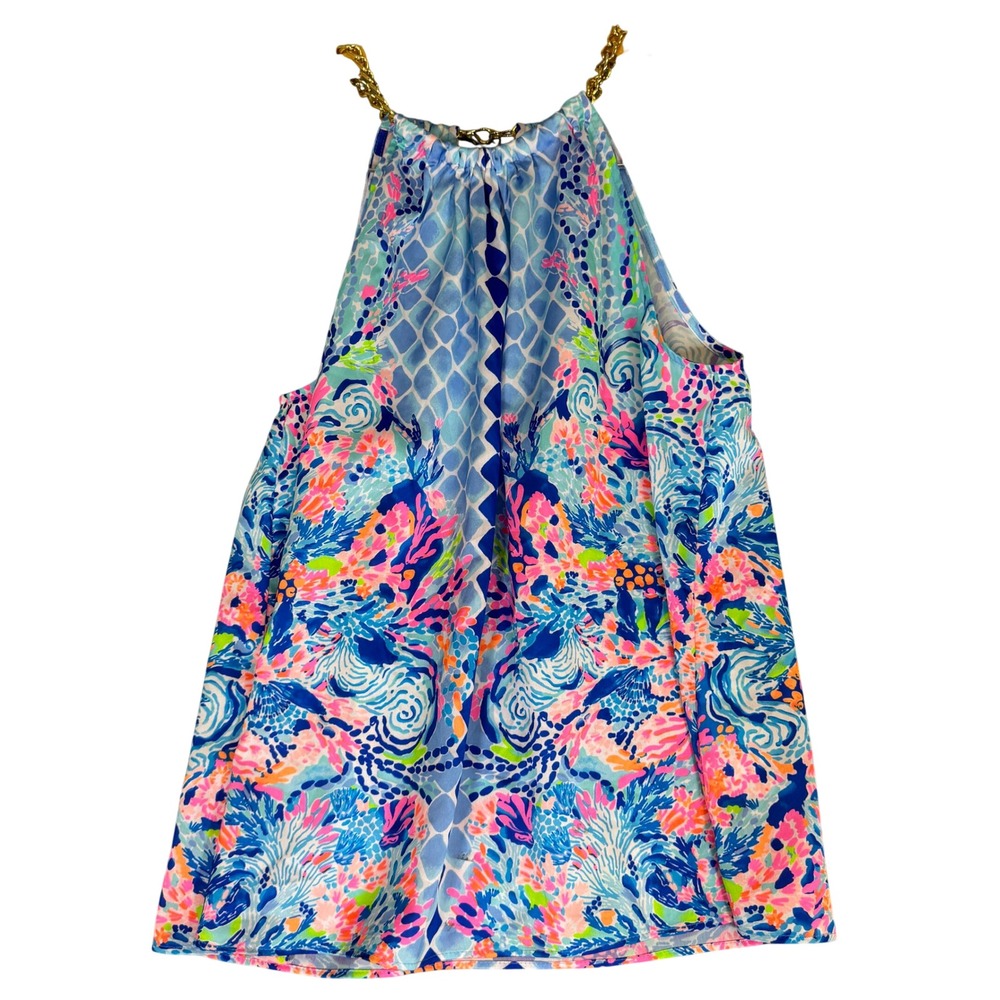 Lilly Pulitzer Halter Top Blue Pink Coral Print Gold Chain Neck Size Large
